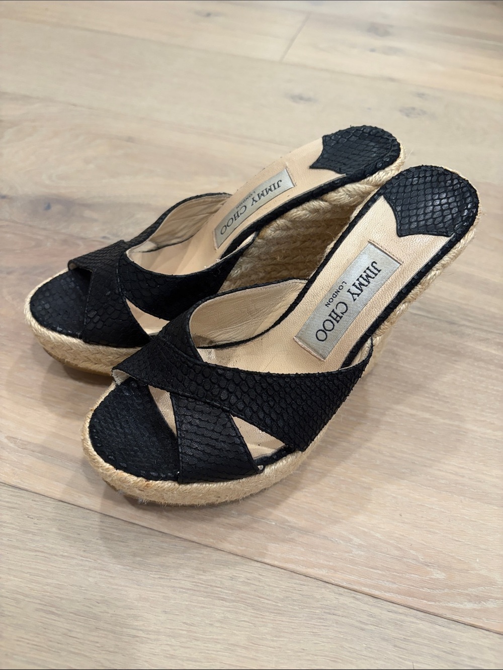 Jimmy Choo Black Textured Crisscross Espadrille Wedge Sandals